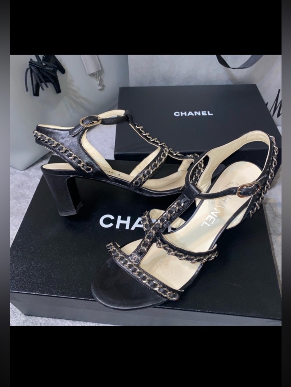 CHANEL CLASSIC CHAIN HEELED SANDALS - Picture 1 of 16